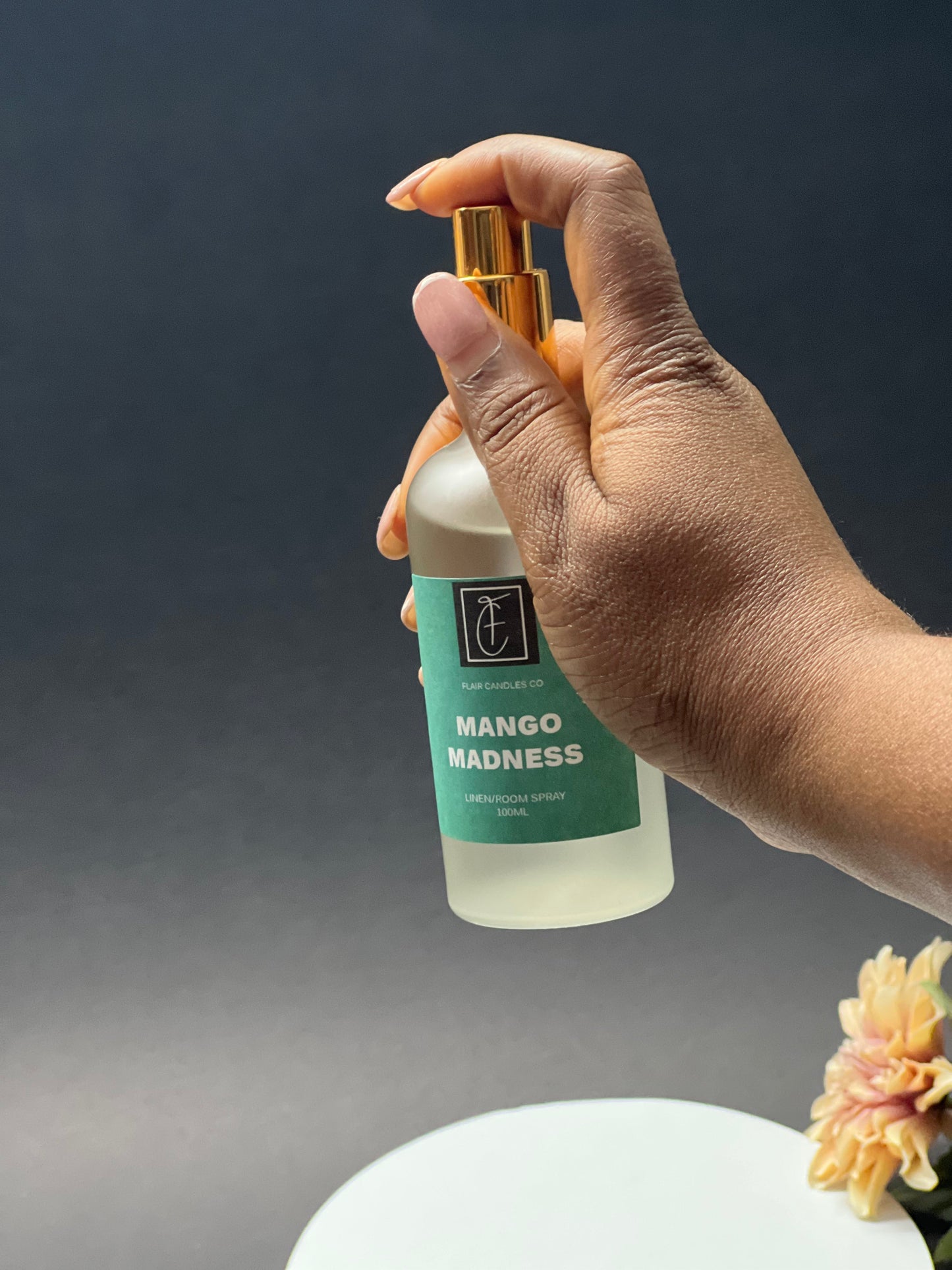 Hand holding Mango Madness room spray bottle with green label against dark background