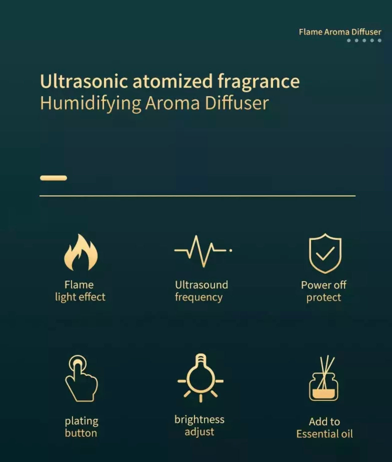 Flame Ultrasonic Scent Buster humidifier with flame light effect, ultrasonic mist, power-off safety, and essential oil diffuser features