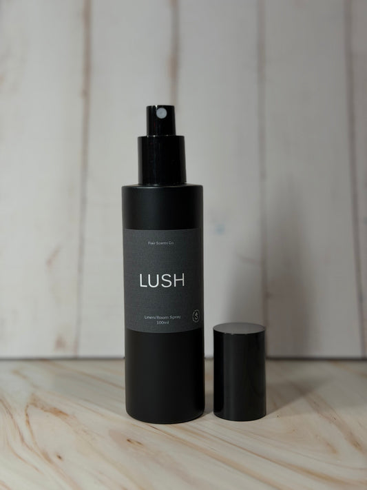 Lush room spray bottle with enchanting scent of patchouli, lavender, and rose petals, 100ml