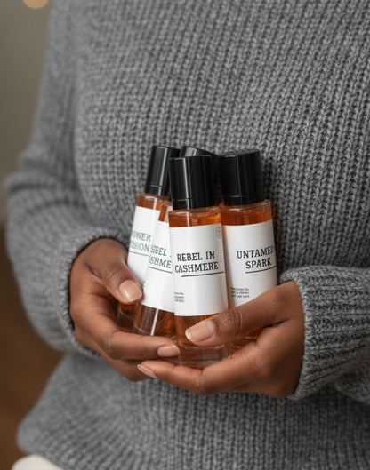 Hand holding three small perfume bottles from the Farewell Collection with labels Rebel In Cashmere and Untamed Spark visible
