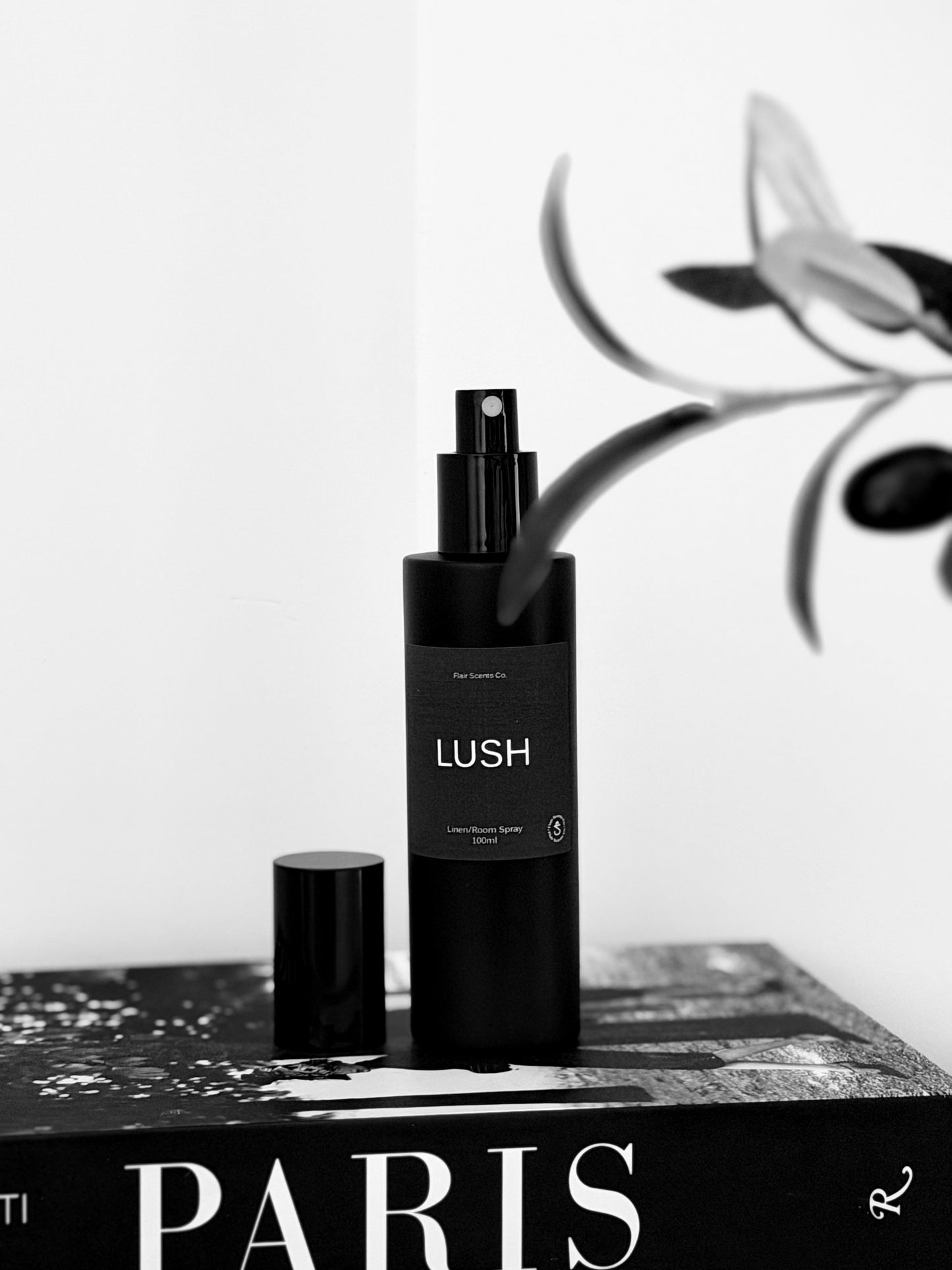Black bottle of Lush room spray with enchanting scent of patchouli, lavender, and rose petals on a book titled "Paris"