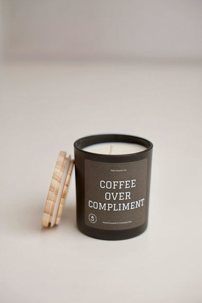 Coffee over compliments soy candle with cappuccino scent and wooden lid