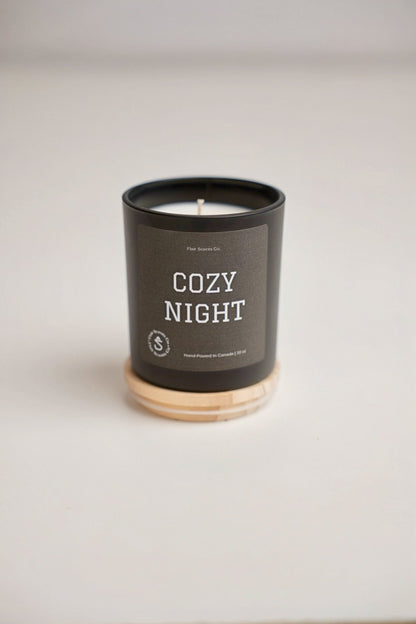Cozy Night candle top view showing 100% organic soy wax and cotton wick