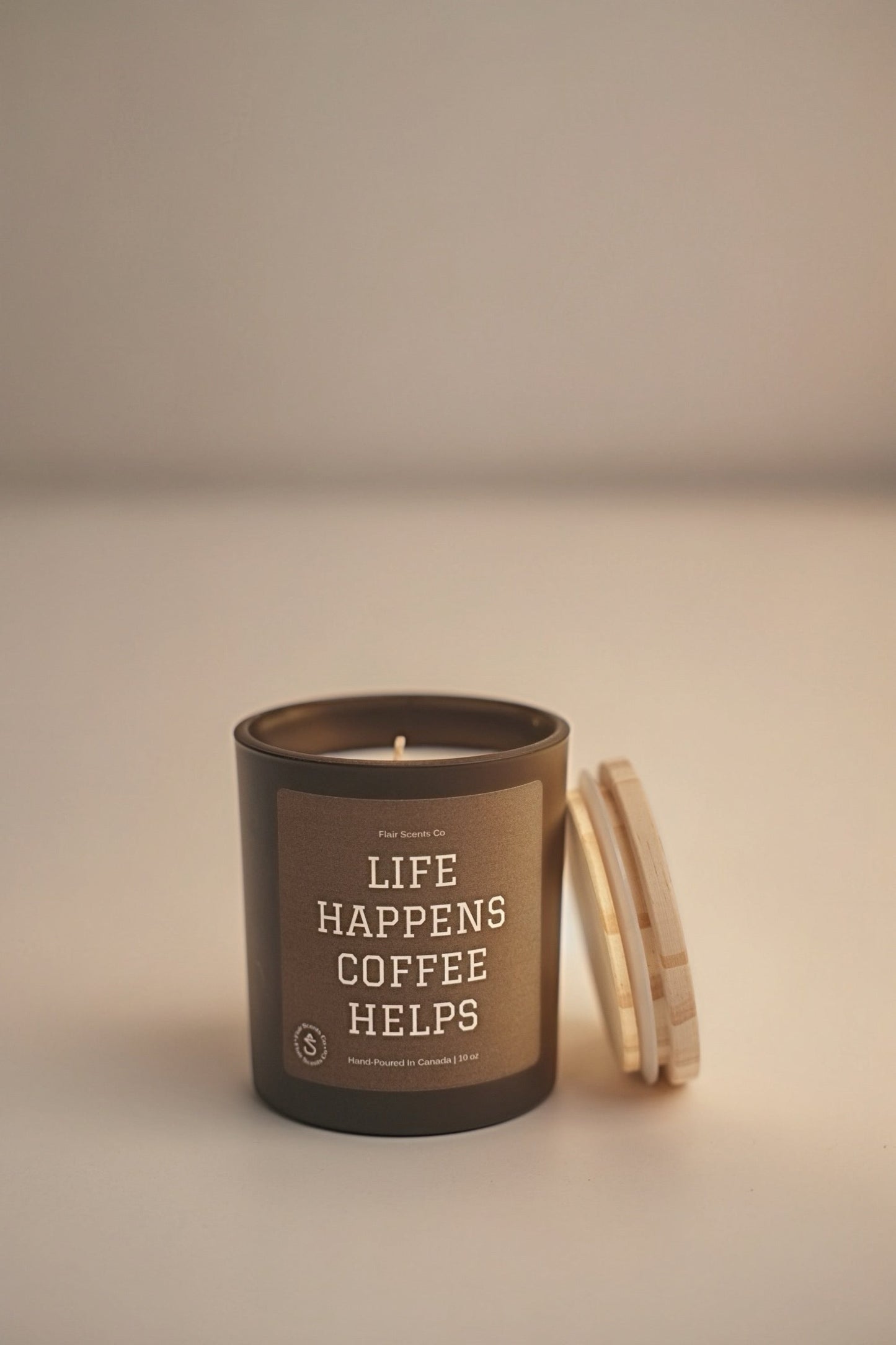 Life Happens Coffee Helps soy candle with dark chocolate espresso and vanilla scent handcrafted in Toronto