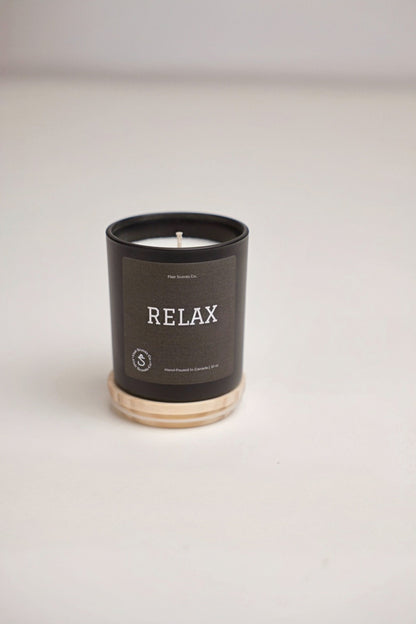 Relax candle with calming eucalyptus, lavender, chamomile scent in organic soy wax jar