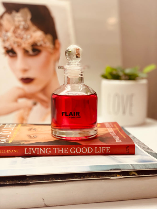 Date Night reed diffuser with sweet raspberry, rose, and vanilla fragrance, 120ml fluid, 8 reeds, lasts 6 months+